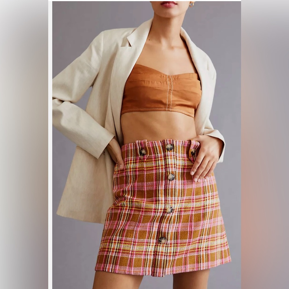 Maeve by Anthropologie Button-Front Mini Skirt Pink & Brown Plaid Preppy size 12